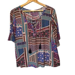 American Eagle flowy top beaded tasseled lacing